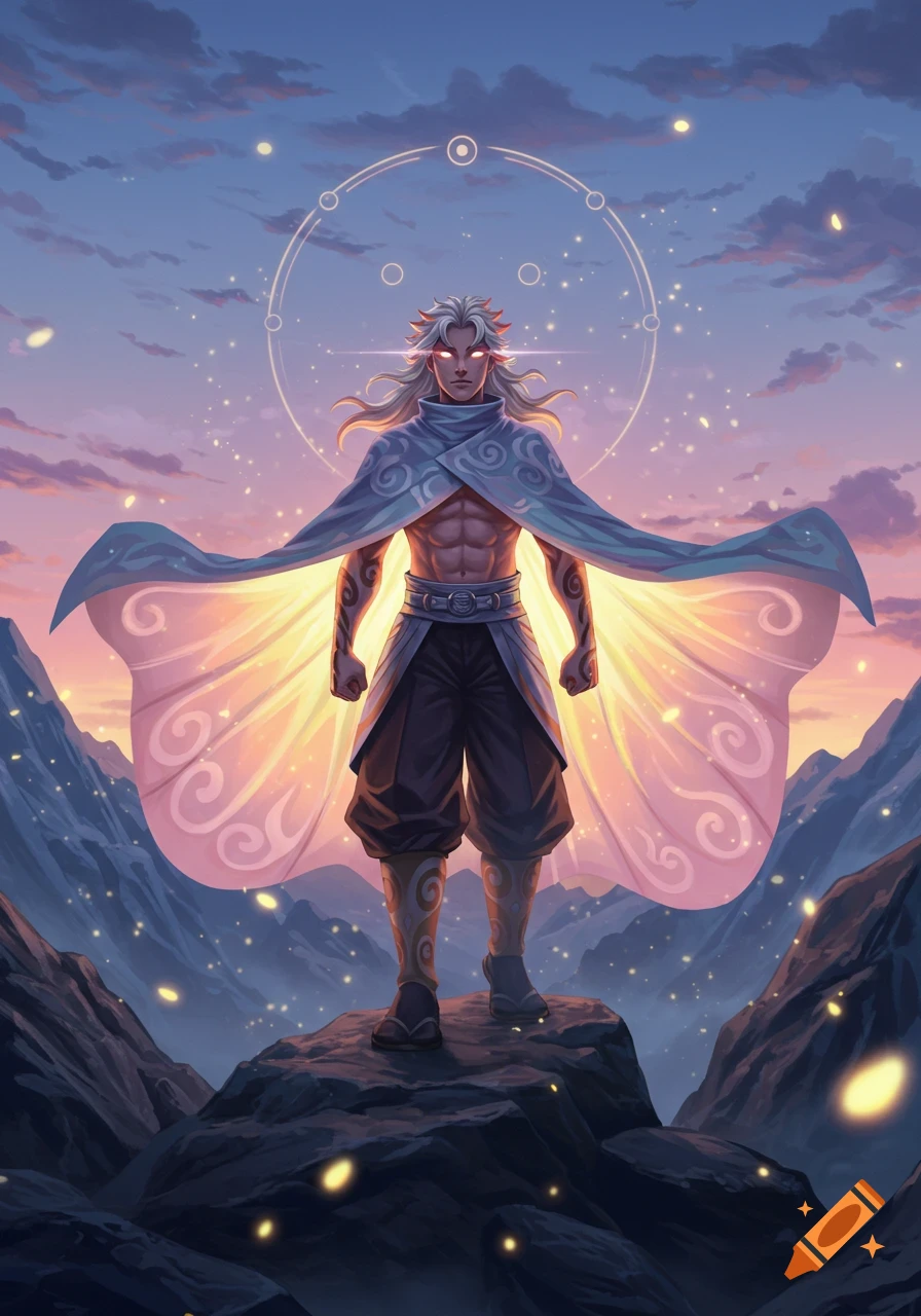 Muscular anime man with white hair, glowing eyes, and a light blue cape stands on a mountain peak at sunset with glowing particles.