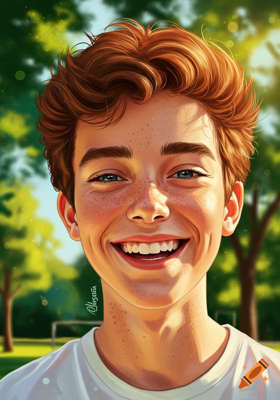 A close-up stylized digital painting of a smiling young boy with red hair and freckles, bathed in warm sunlight outdoors.