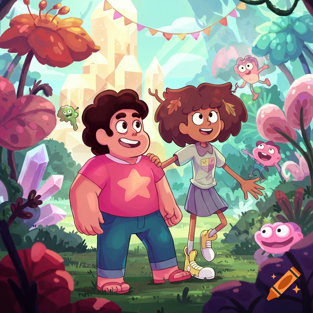 Cartoon Steven Universe and Anne Boonchuy from Amphibia smile in a vibrant, magical forest with crystal formations.