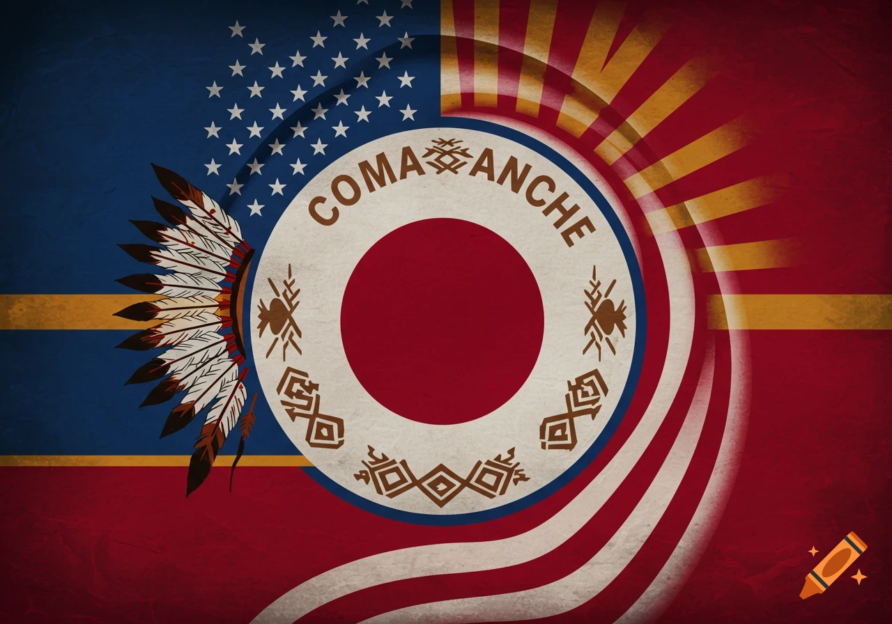 A stylized flag combining elements of the US, Japanese, and Comanche flags, featuring a feather headdress and 'COMANCHE' text on a distressed background.