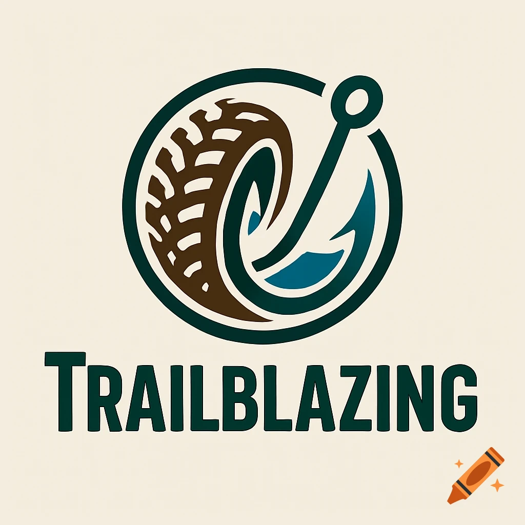 A logo for Trailblazing featuring a stylized brown tire and a teal fishing hook within a dark green circle, with the word TRAILBLAZING in bold text below.
