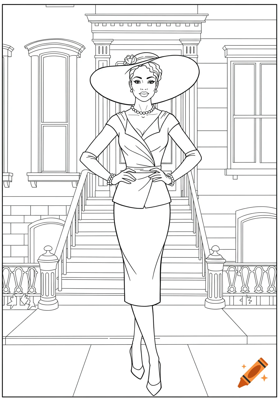Front-facing line art of a stylish African American woman in Harlem Renaissance fashion standing before a brownstone.