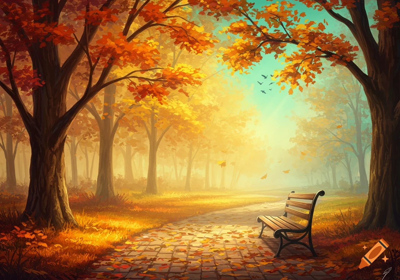 Vibrant autumn park with a winding path covered in fallen leaves, flanked by trees with orange and yellow foliage, and a wooden bench.