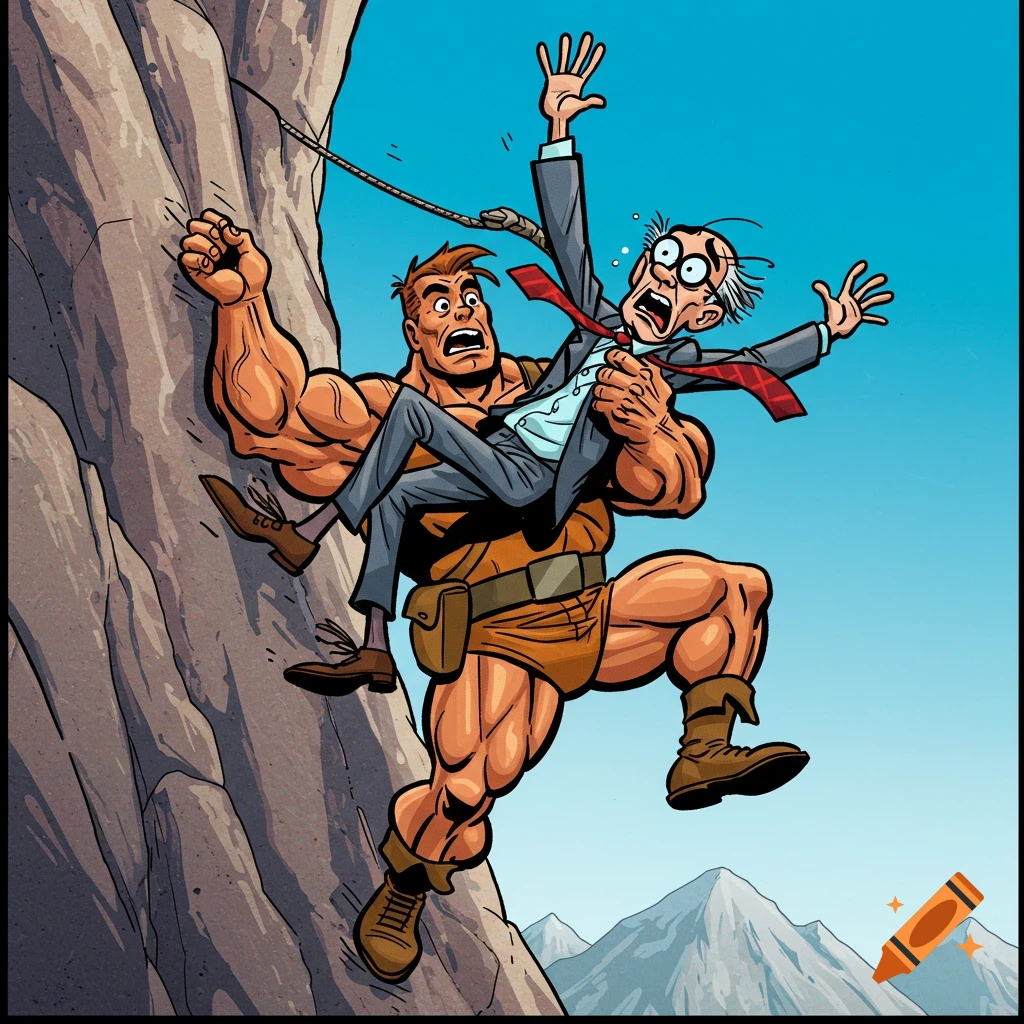 A muscular cartoon hero pulls a thin, scared professor up a steep mountain cliff in a comic book style.