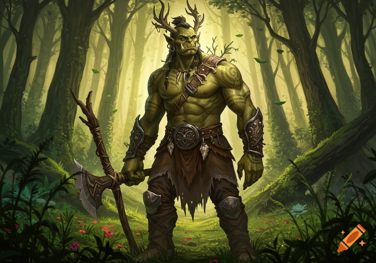 A muscular, green-skinned Druidic orc with antlers, tribal tattoos, and an axe stands in a lush fantasy forest.