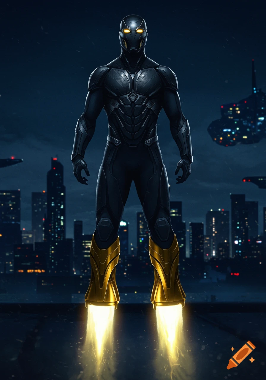 A dark-suited superhero with glowing yellow eyes and golden jet boots hovers above a futuristic city at night.