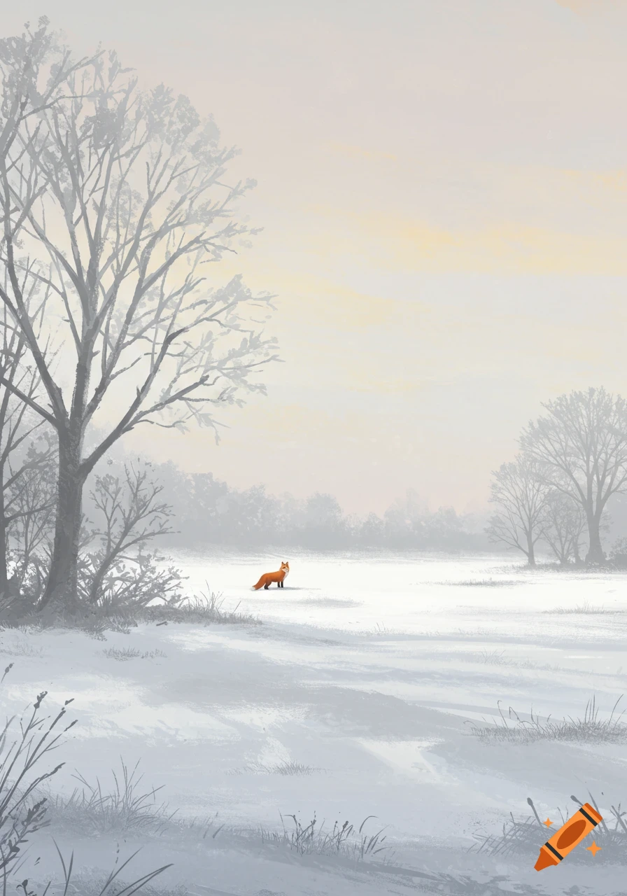 A red fox stands in a vast, snowy, foggy winter landscape with bare trees under a pale sky, digital painting.