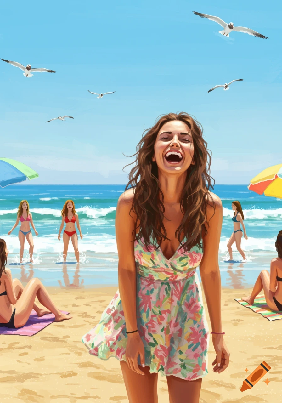 A smiling woman in a floral dress on a sunny beach, with friends in bikinis and seagulls flying above, in a vibrant illustrative style.