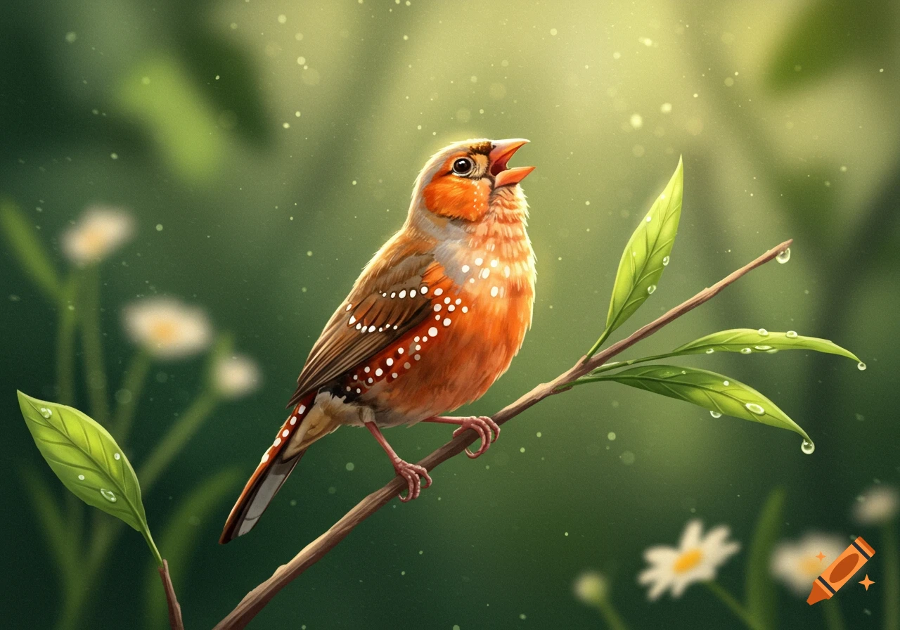 A vibrant orange and brown finch with white spots sings on a branch with dewy green leaves in a bright, stylized forest.