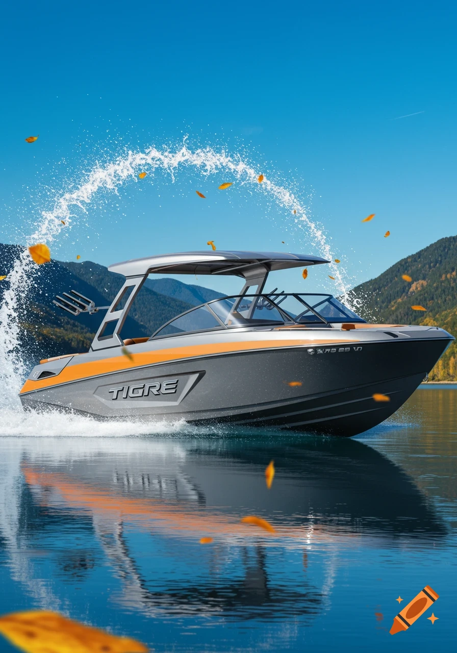 Photorealistic image of a grey and orange wake surf boat speeding on a lake, surrounded by mountains and falling autumn leaves.