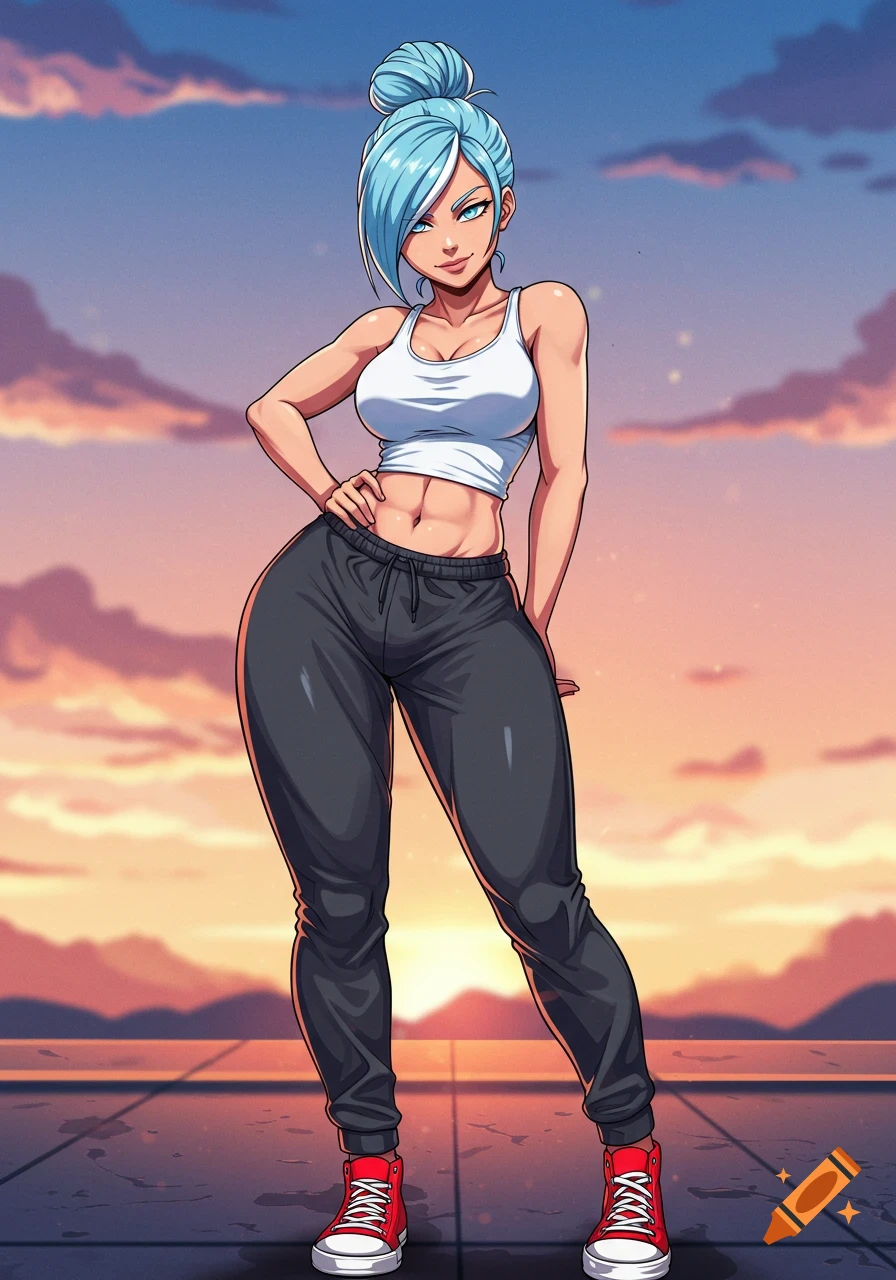 Anime woman with light blue hair in a bun, white tank top, dark jogging pants, and red sneakers, standing confidently against a sunset.