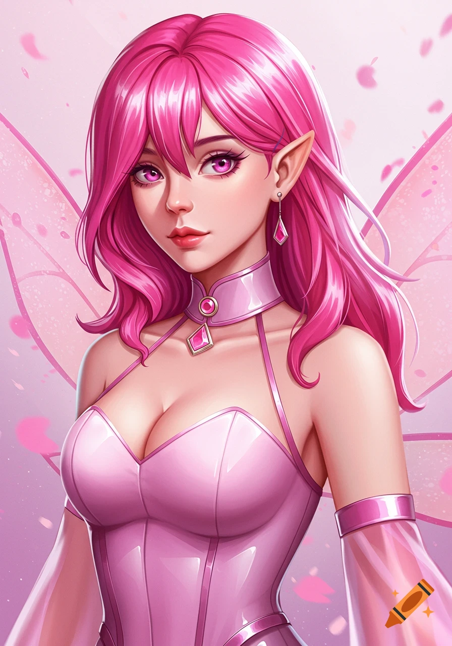 Anime fantasy woman with long pink hair, glowing pink eyes, wearing a pink corset, collar, and delicate wings.