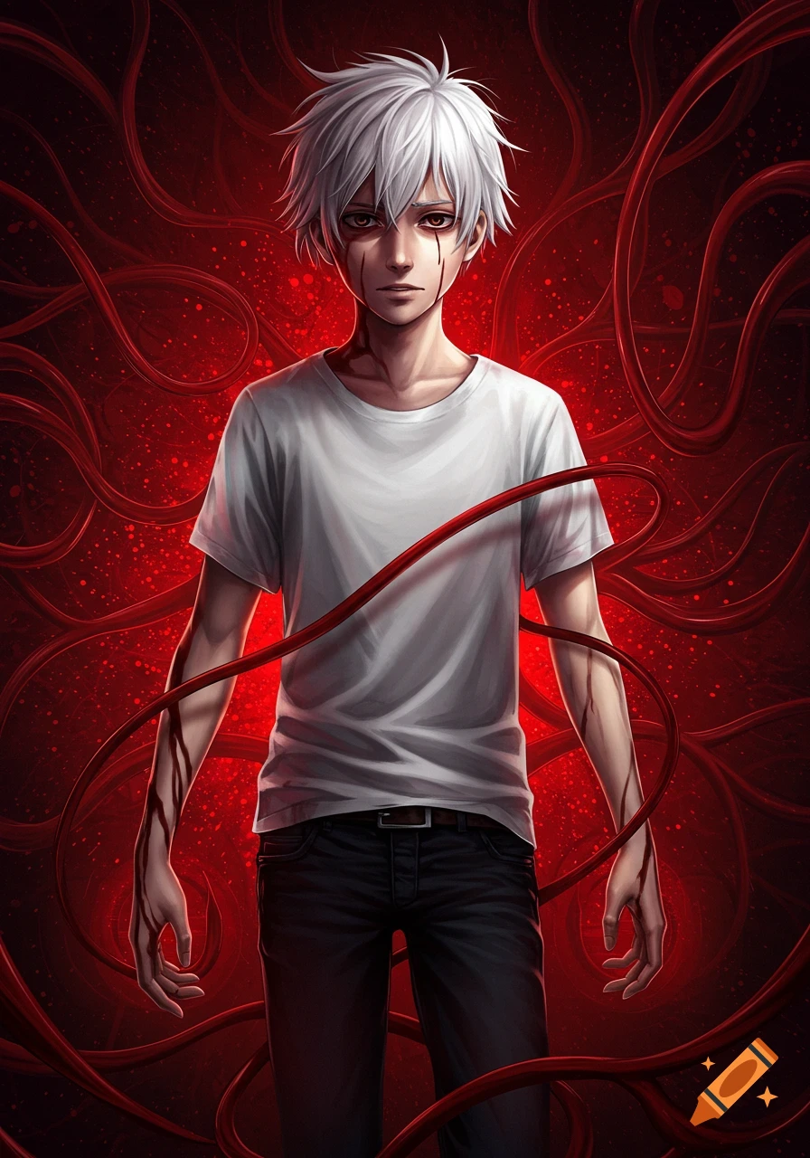 Anime boy with white hair, blood on his face and arms, wearing a white tee and black jeans, surrounded by red tendrils.