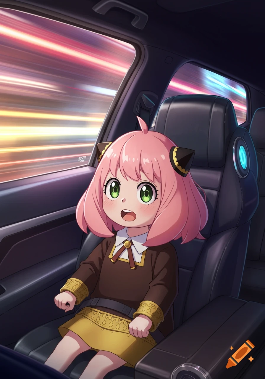 Anime girl Anya with pink hair in a car seat, looking wide-eyed and excited as the outside blurs past.