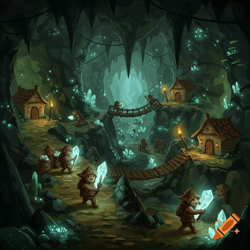 Cartoon style gnomes mining glowing crystals in a dark fantasy cave with small houses and wooden bridges.