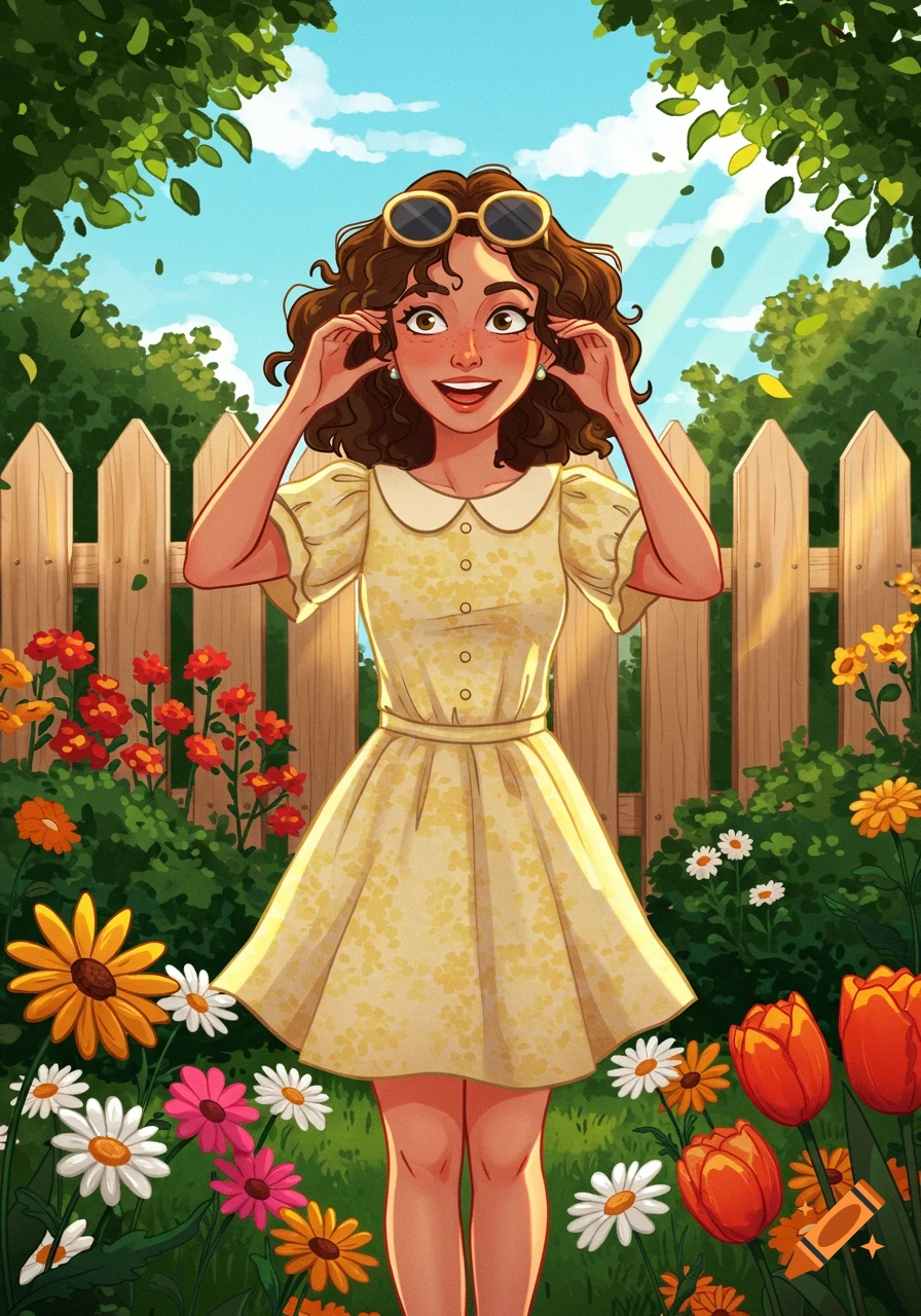 A happy cartoon woman with curly hair and sunglasses, wearing a yellow floral dress, stands in a vibrant flower garden.
