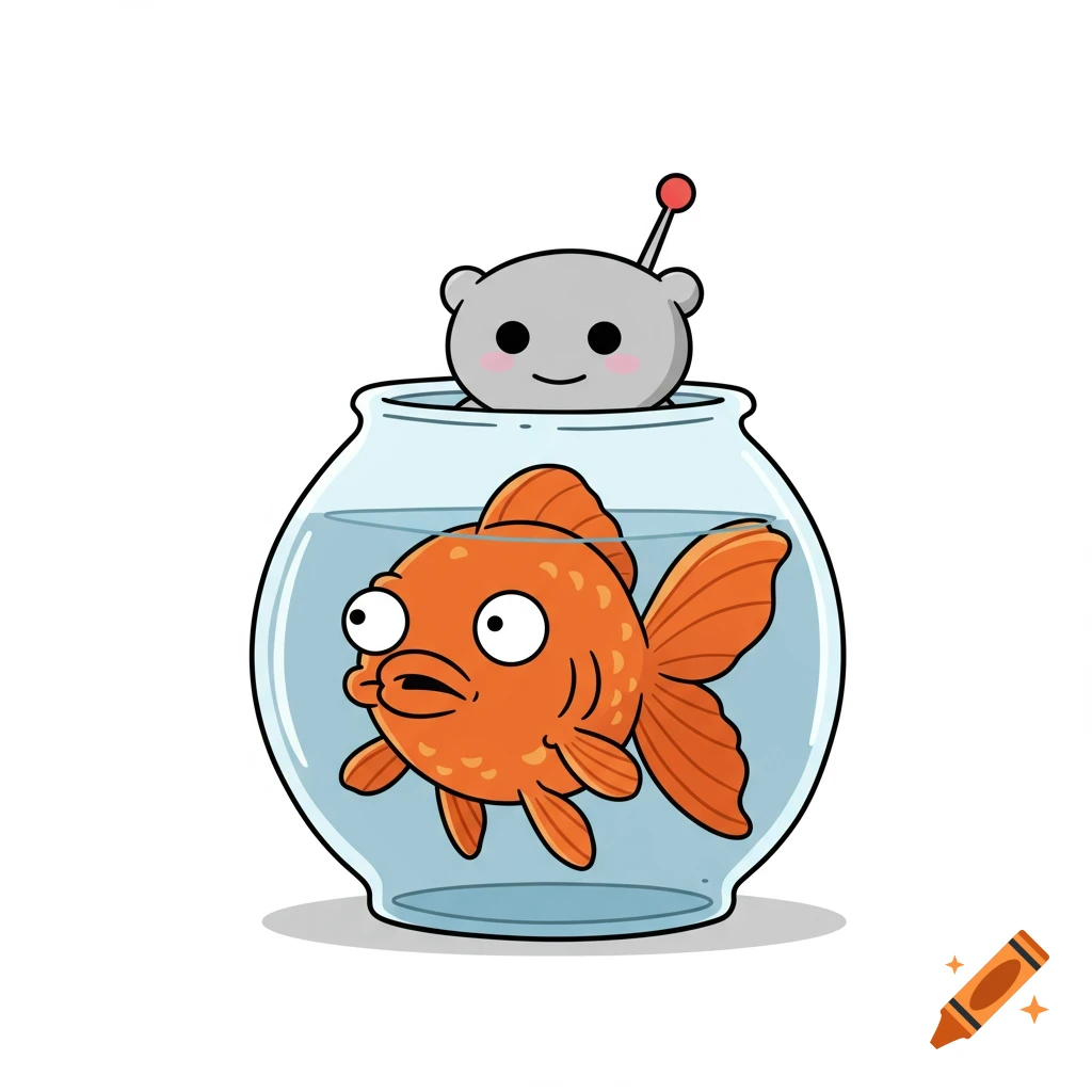 A cartoon hybrid character of a wide-eyed orange goldfish in a bowl, with a small grey alien head and antenna peeking from the top.