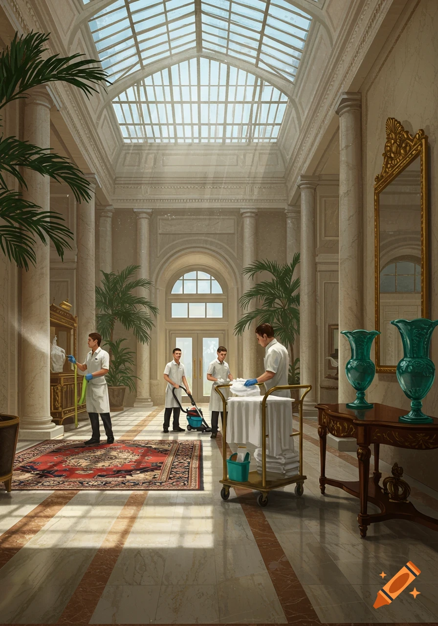 Four male housekeepers clean a grand, opulent hall with a glass roof, columns, and large mirrors.