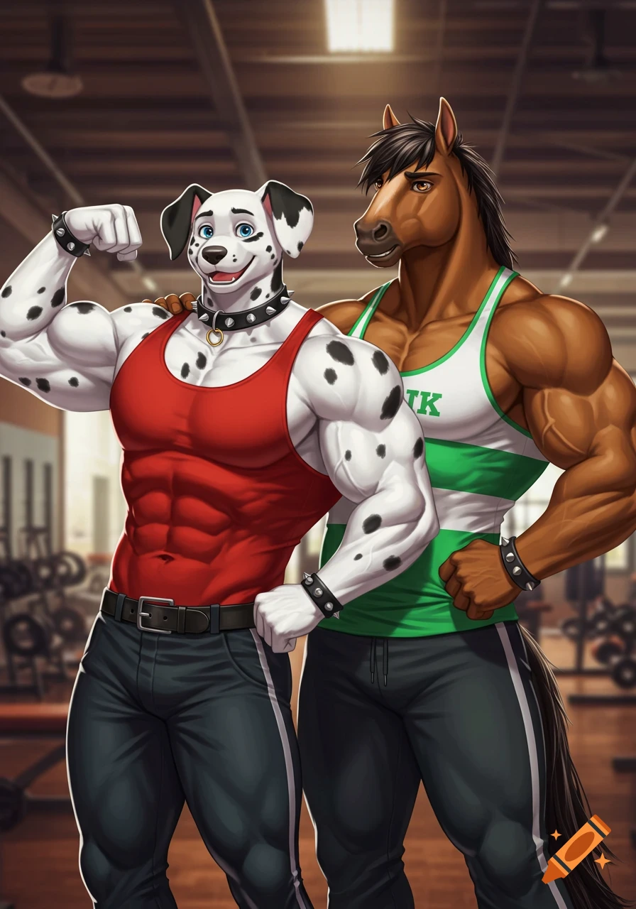 A muscular anthropomorphic dalmatian and horse in tank tops pose in a gym, with the dalmatian flexing.