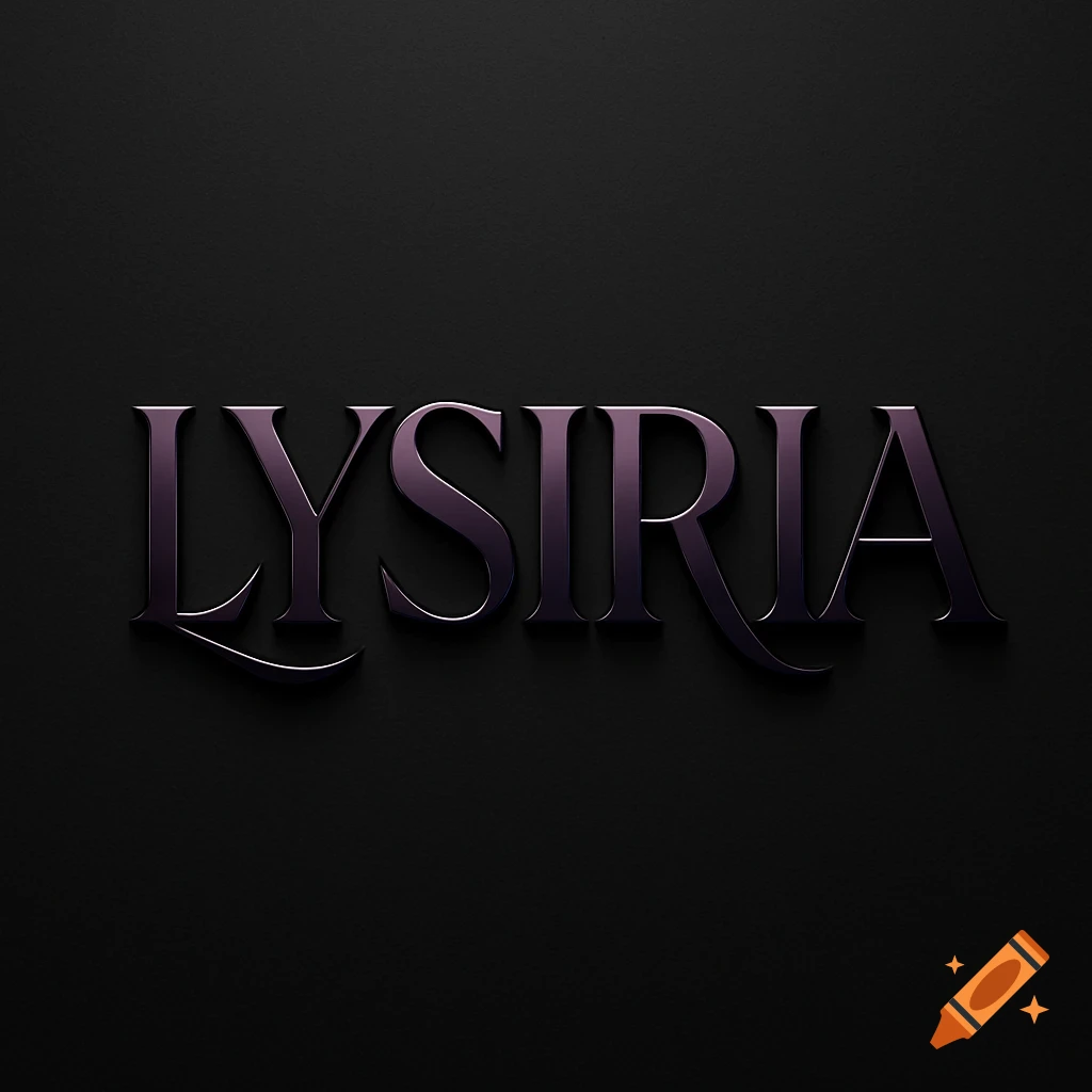 A dark purple metallic 3D logo for 'LYSIRIA' on a black textured background.