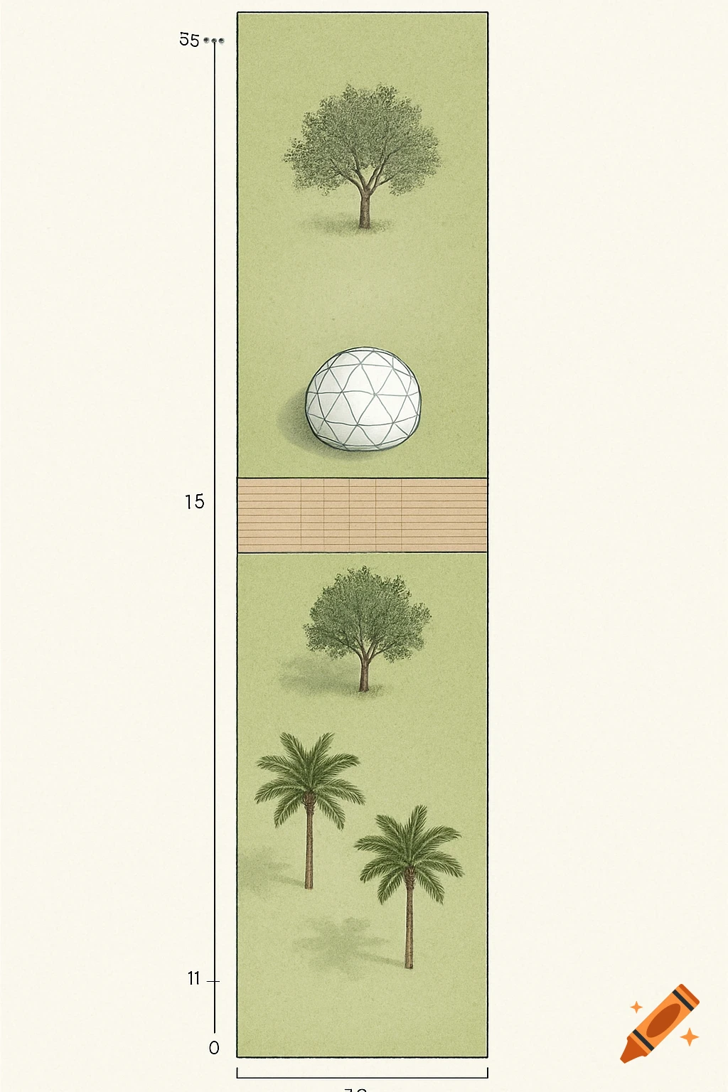 Top-down architectural plan of a rectangular garden with trees, a geodesic dome, and measurements on a light green and cream background.