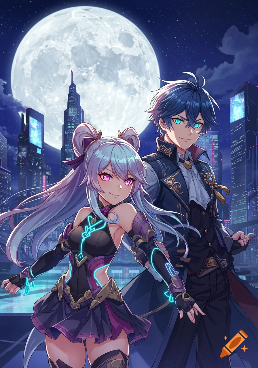 Two anime characters, a man and a woman with glowing eyes and futuristic outfits, stand in a cyberpunk city under a full moon.