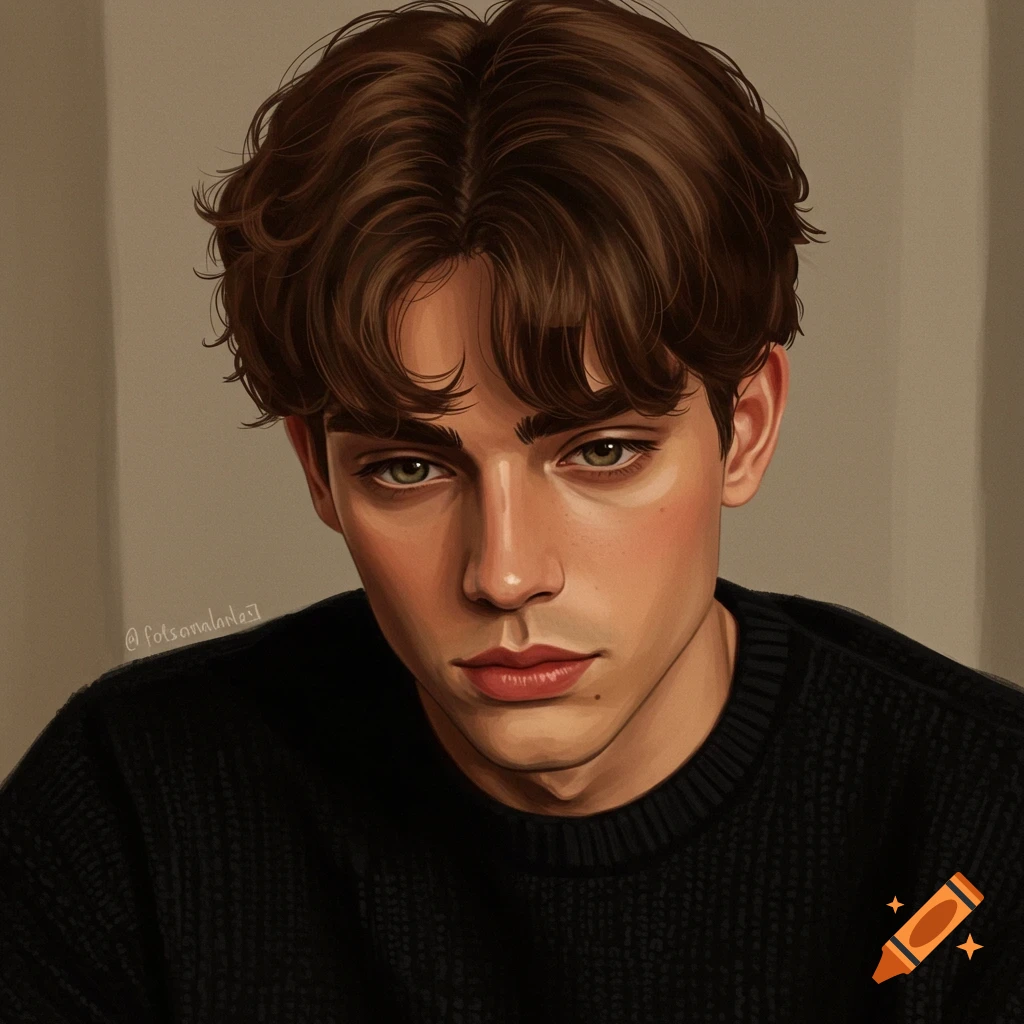Digital painting portrait of a young man with brown curly hair and hazel eyes, looking down, wearing a black sweater.