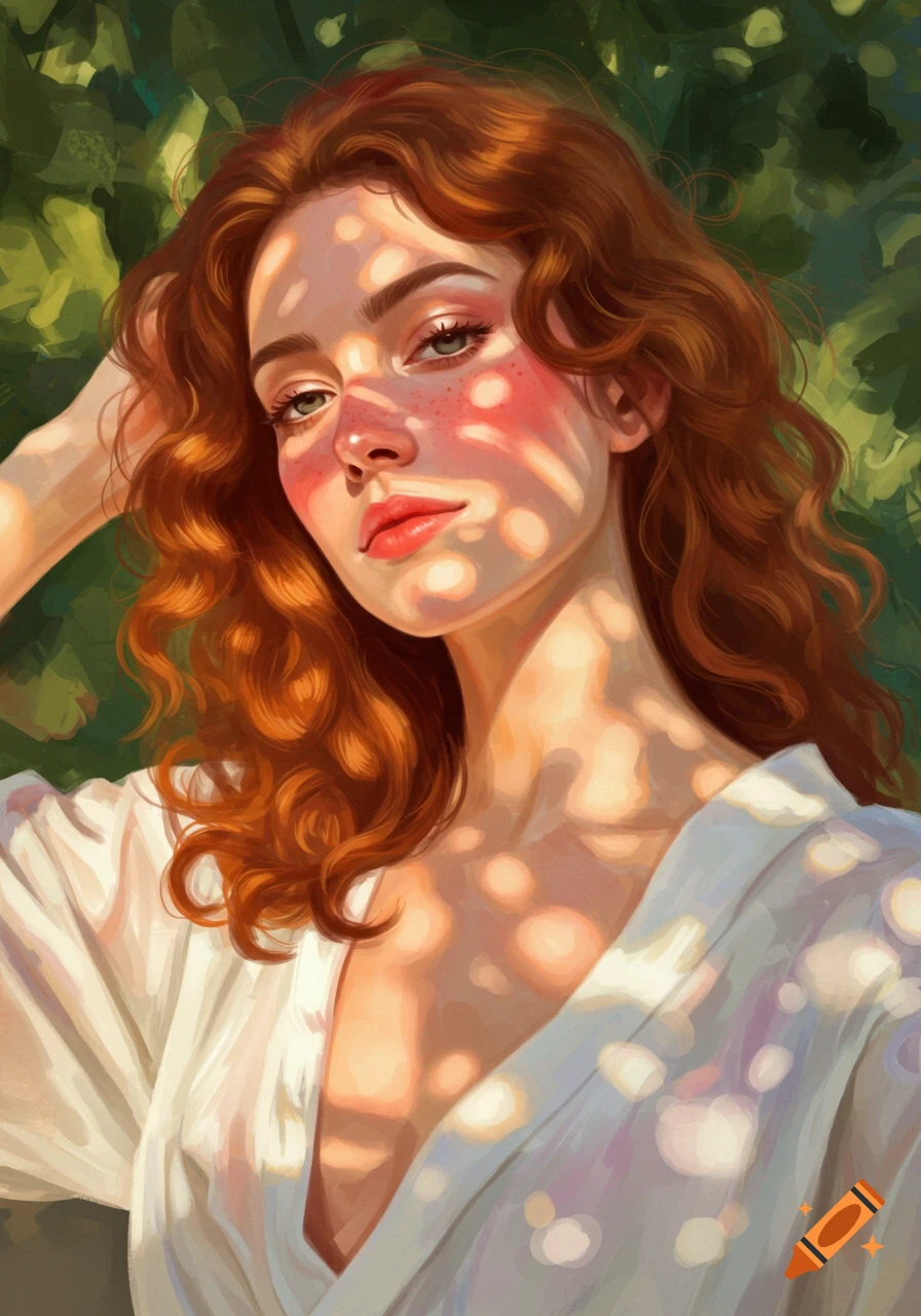 Impressionistic painting of a red-haired woman looking at the viewer, with dappled sunlight on her face and white shirt.