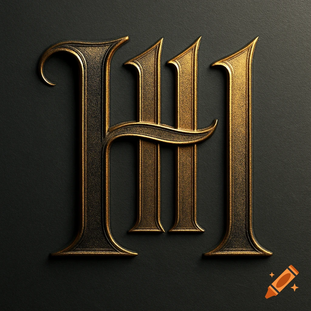 Ornate, embossed golden letter H on a dark background, stylized to resemble the number 111.