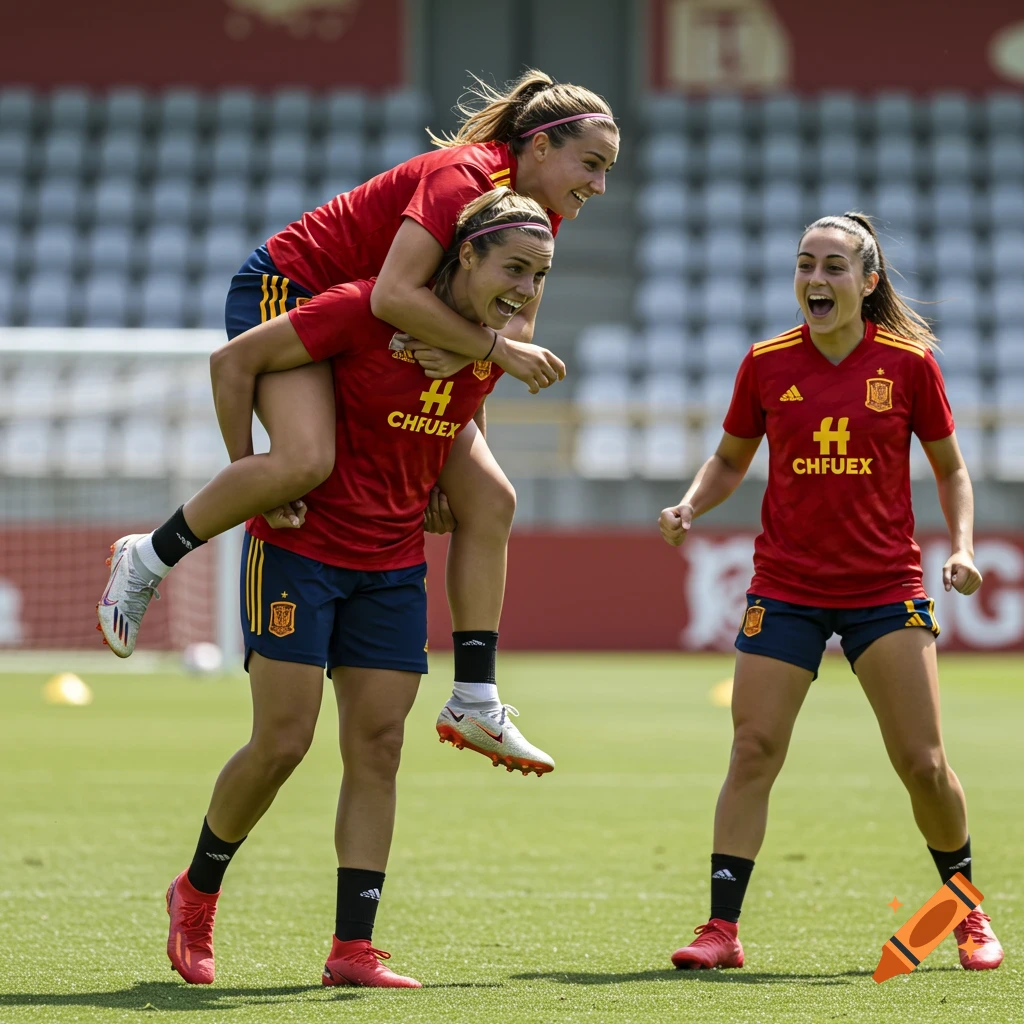 Three women soccer players on a green field. One woman gives another a piggyback ride while a third cheers.