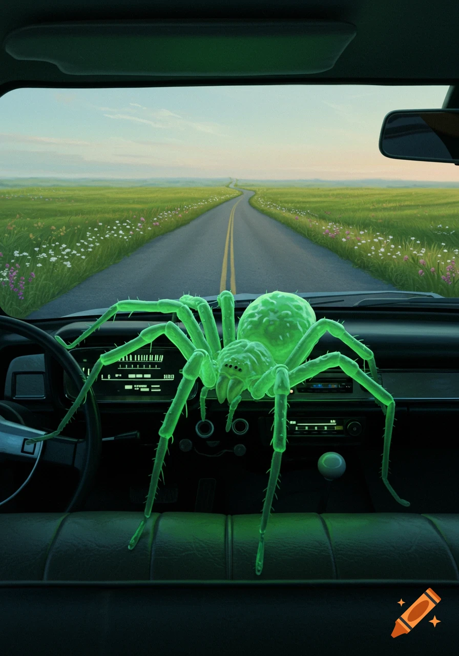 A huge, luminous green spider is on the dashboard of a car, driving on a winding road through rolling green hills.