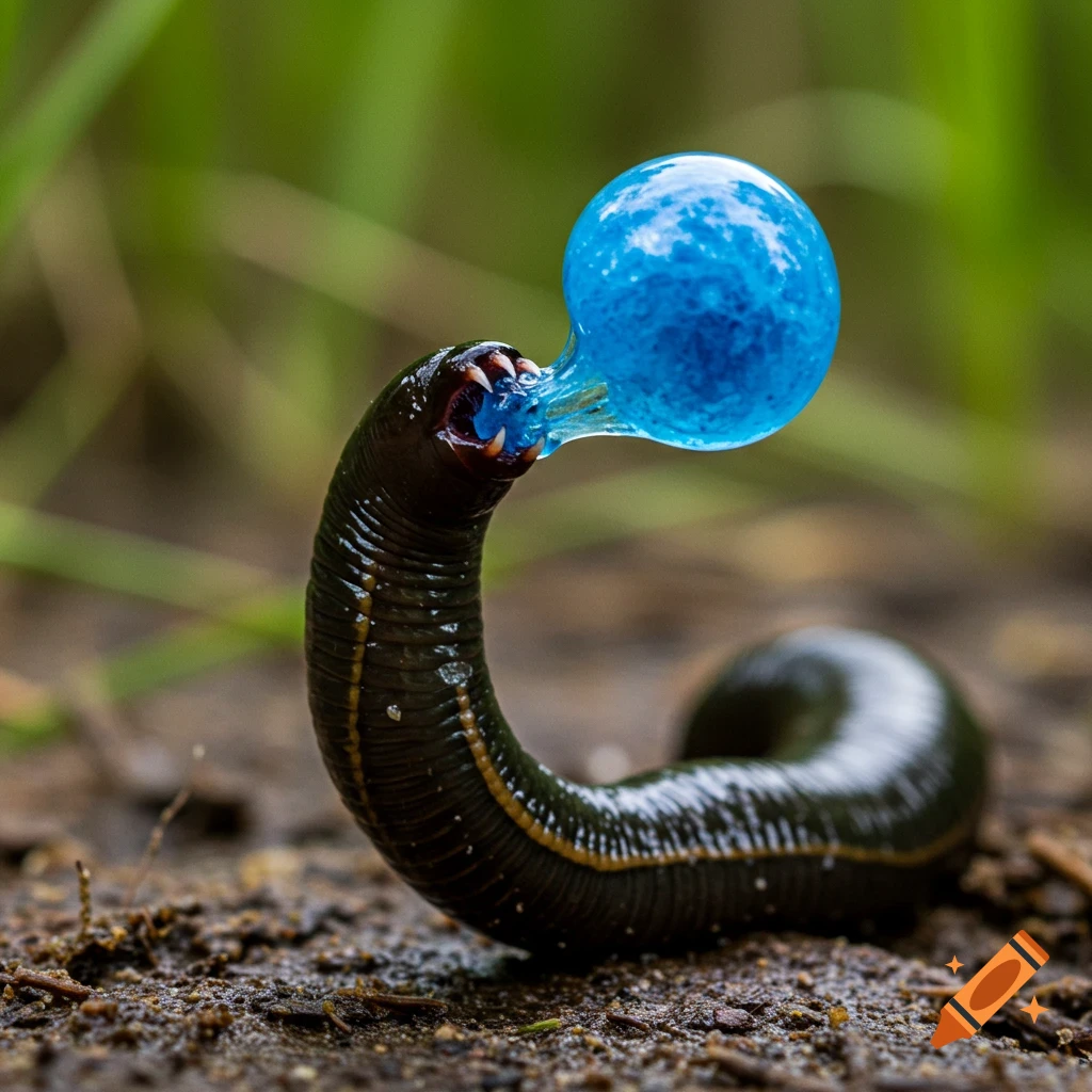 A dark leech with large fangs spits a glowing blue orb of slime on a dirt ground with blurred green grass.