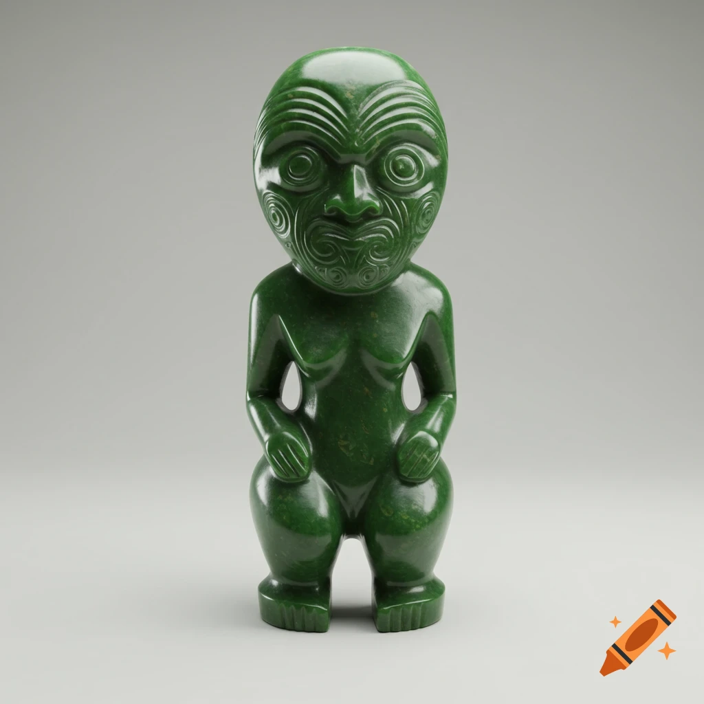 A dark greenstone hei tiki, a stylized Māori humanoid sculpture with intricate facial carvings and prominent eyes, on a plain background.