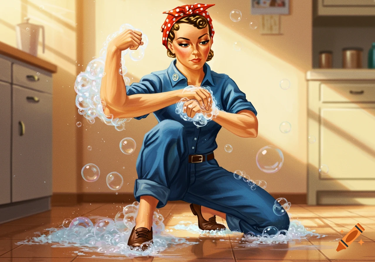 Rosie the Riveter-style woman in blue overalls, red bandana, kneeling in a soapy kitchen, flexing her arm.