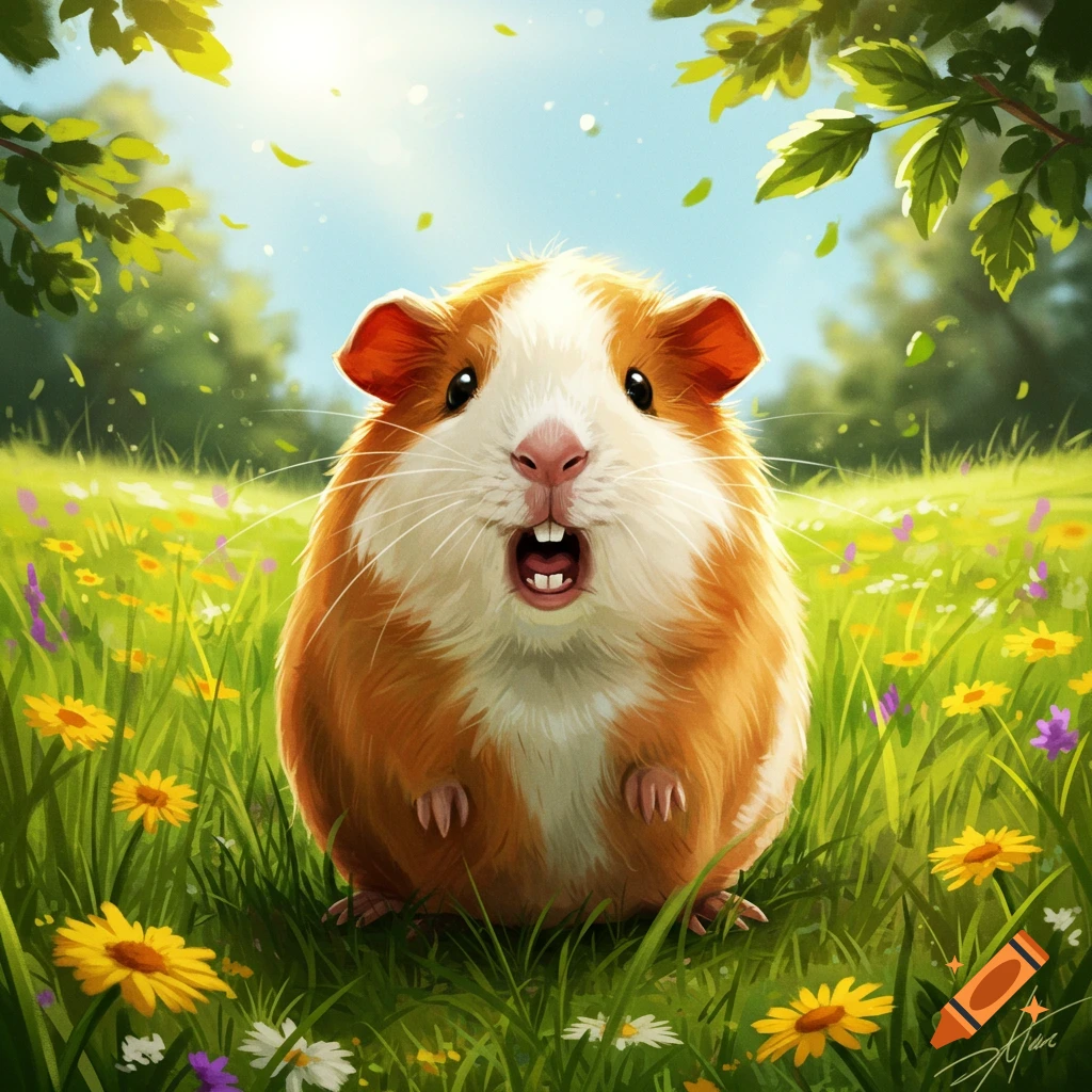 Cute, fluffy orange and white guinea pig with an open mouth in a sunny, flower-filled green field. Illustrated style.