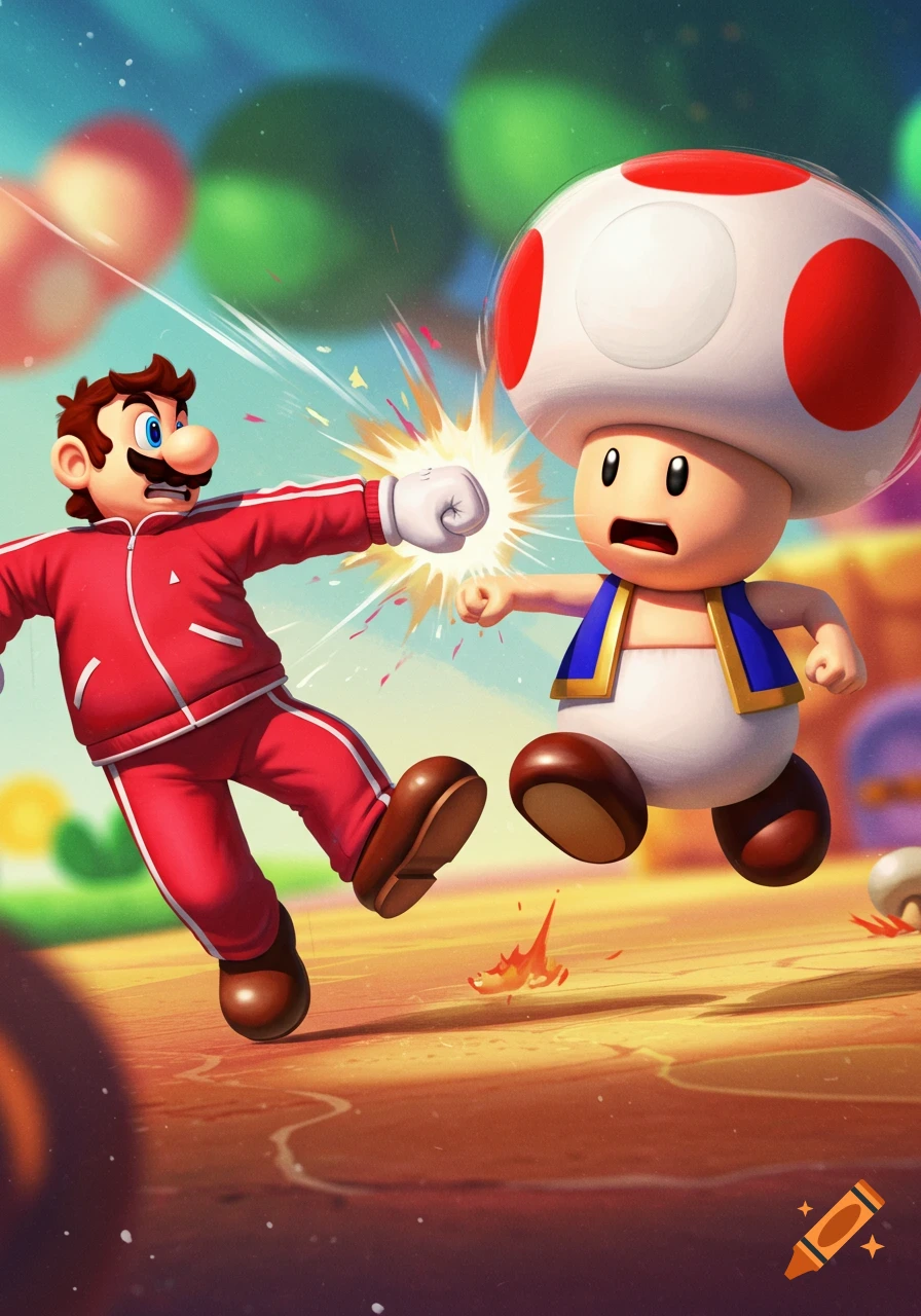 Mario in a red tracksuit punches Toad, who has a surprised expression, in a vibrant cartoon scene.