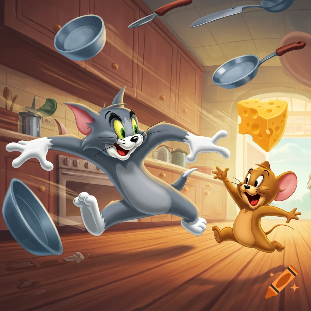 Tom the cat chases Jerry the mouse through a kitchen with flying pans and cheese, in a vibrant cartoon style.