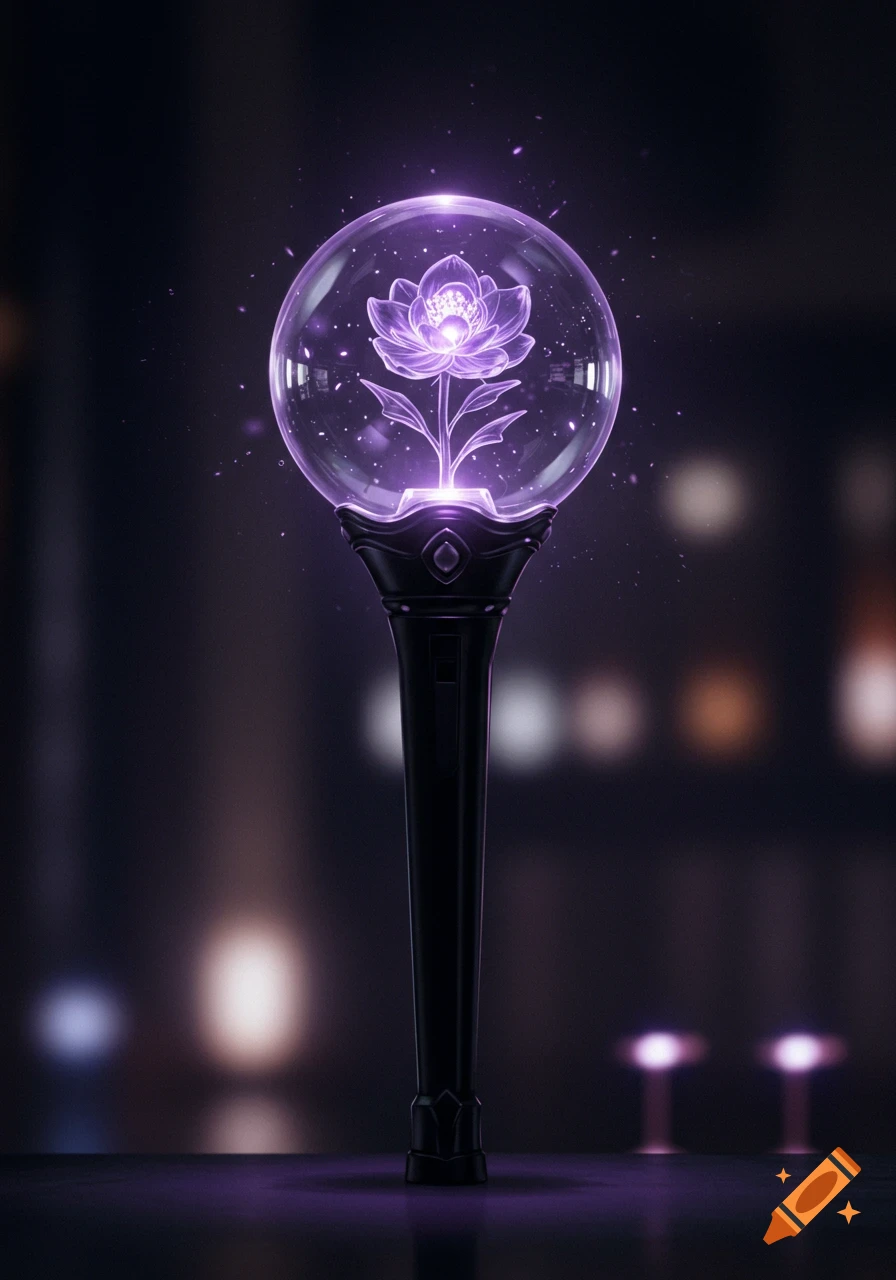 A glowing purple lotus flower inside a crystal ball atop an elegant black scepter, against a dark, blurred background.