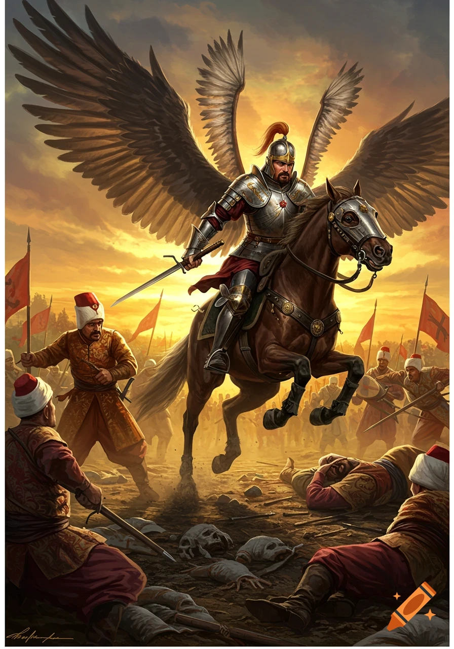 A majestic winged Polish hussar on horseback charges into a chaotic battle against Ottoman Janissaries at sunset, in a detailed fantasy painting.