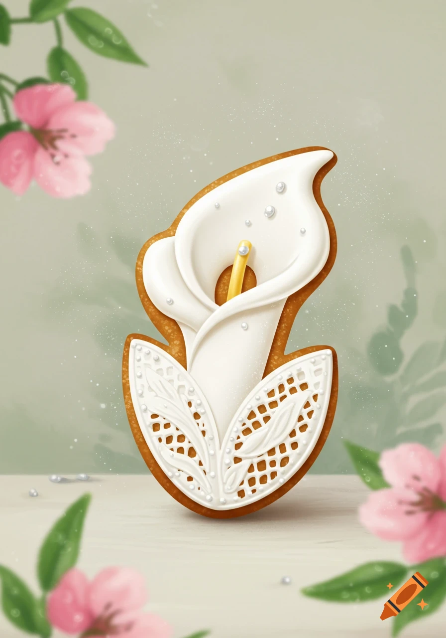 A detailed illustration of a calla lily cookie with white icing and pearls, against a soft green background with pink flowers.