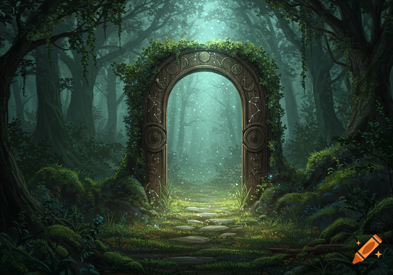 Magical fantasy forest with an ornate, vine-covered stone archway glowing, leading to a light-filled path.