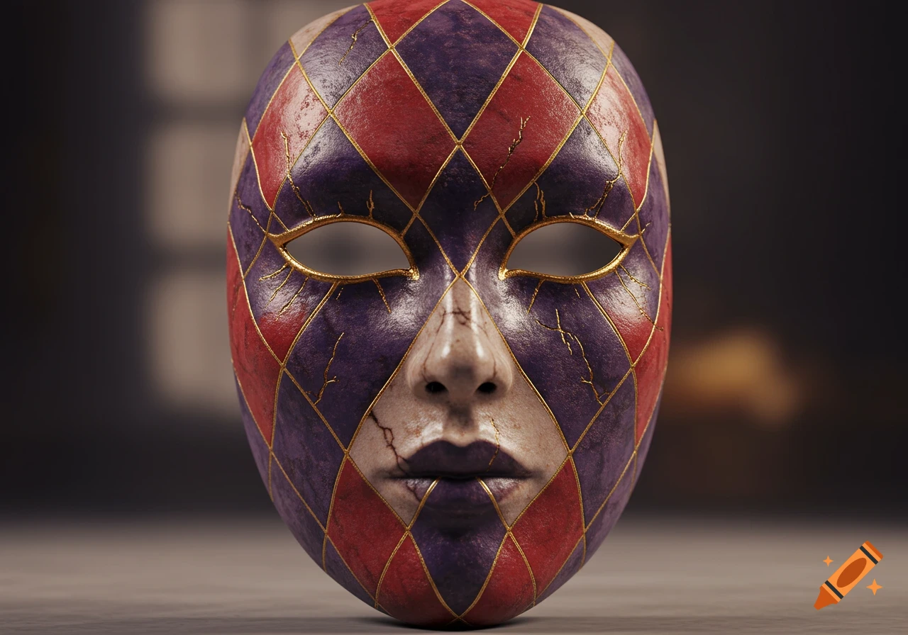 Highly detailed, photorealistic Commedia dell'arte mask with red and purple harlequin diamonds, gold accents, and subtle cracks.