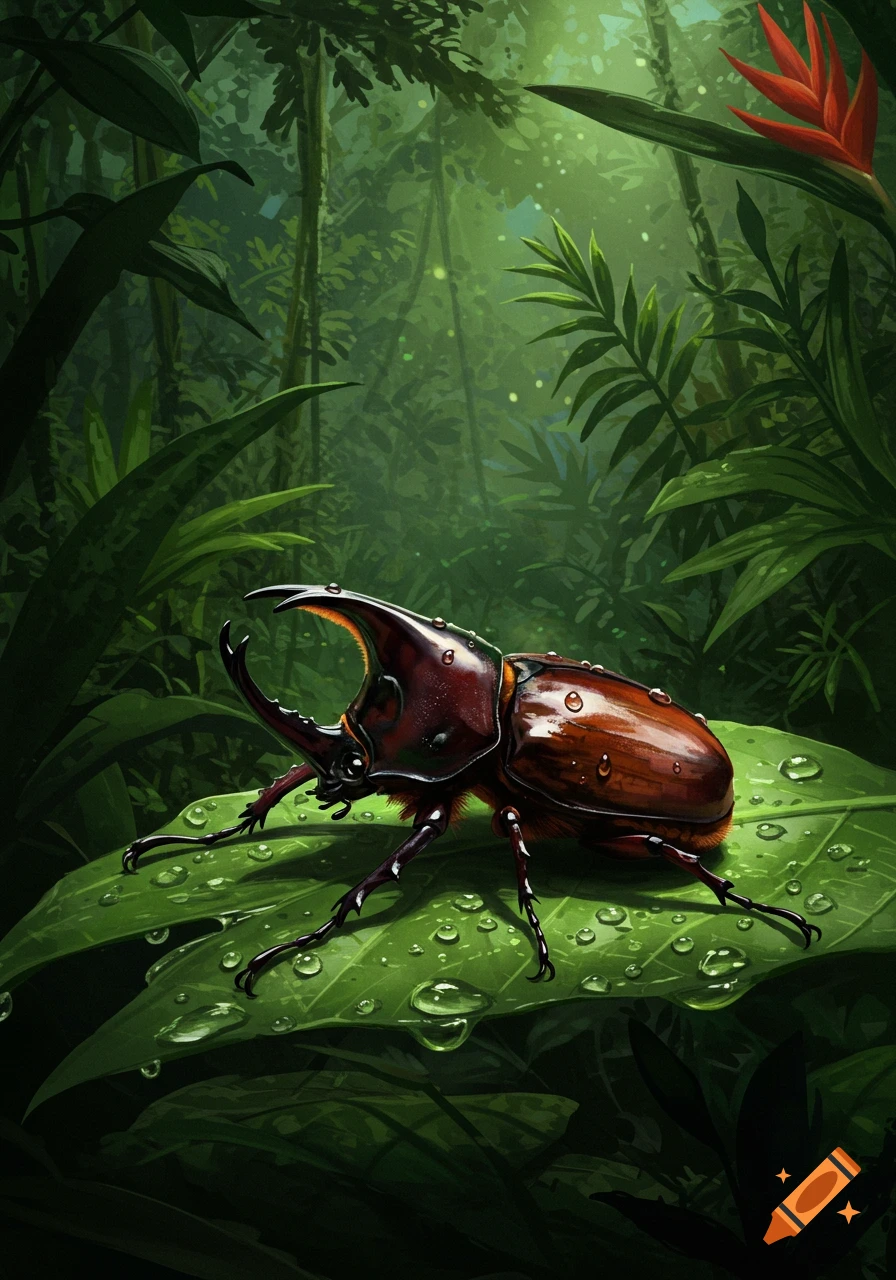 A detailed digital painting of a brown rhinoceros beetle with water drops on a green leaf in a lush jungle.