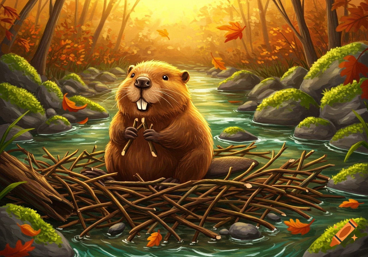 A happy cartoon beaver sits in its stick lodge on a river in an autumn forest, holding small sticks.