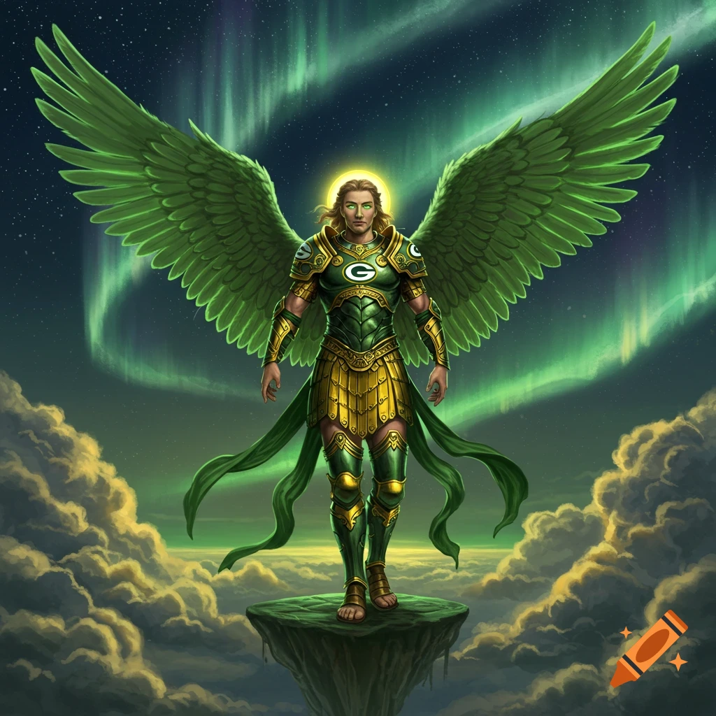 An angelic warrior with large green wings and gold and green armor, featuring the Green Bay Packers logo, stands on a floating island under an aurora borealis sky.