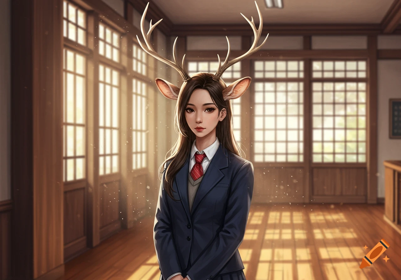 A digital art portrait of a young woman with deer antlers and ears, wearing a school uniform, standing in a sunlit school hallway.