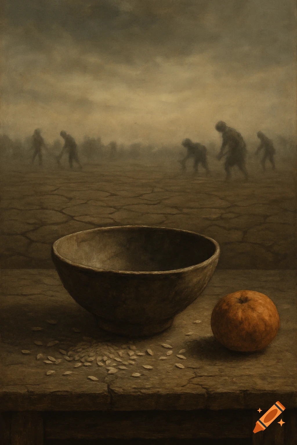 Somber painting of a cracked, desolate landscape with blurry figures, an empty bowl, scattered seeds, and an apple on a table.