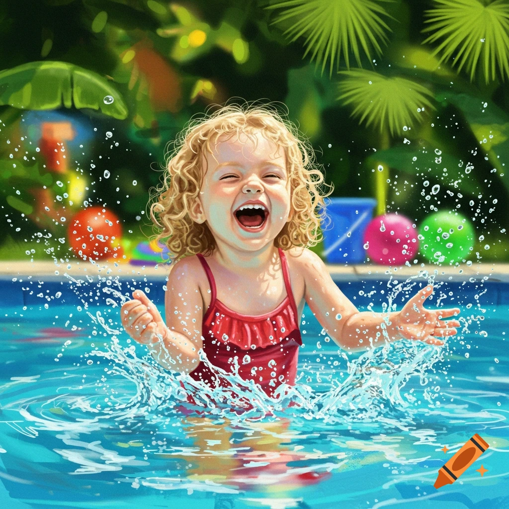 A laughing little girl with curly blonde hair splashes in a swimming pool with a lush green background.