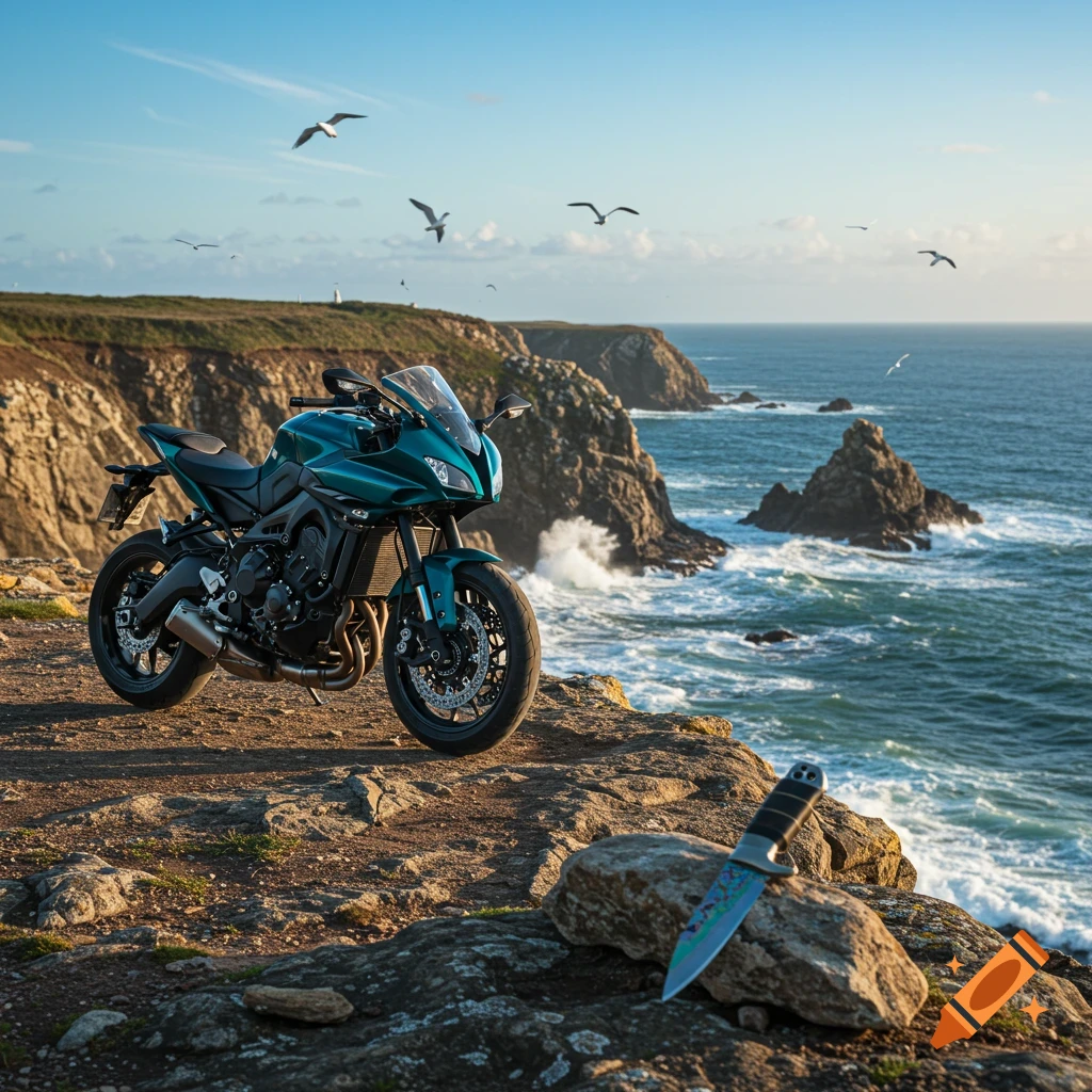 A teal motorcycle on a rocky cliff by the ocean with seagulls. A decorative knife rests on a foreground rock.