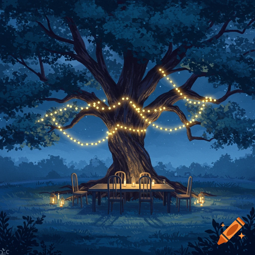 Night scene with a large oak tree decorated with string lights, a wooden table with chairs and lanterns underneath, in a painted style.